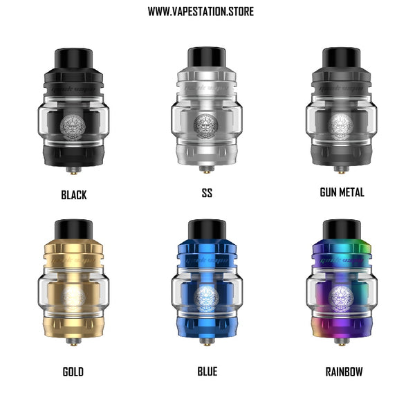 Six vape tank models in different colors with labels on a white background.