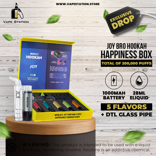 Joy Bro Hookah Happiness Box packaging with vape station branding on a wooden background