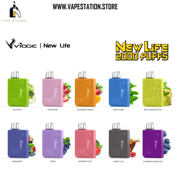 Vape devices with colorful packaging and fruit illustrations, branded as 'Vape Station' and 'Vidge'.