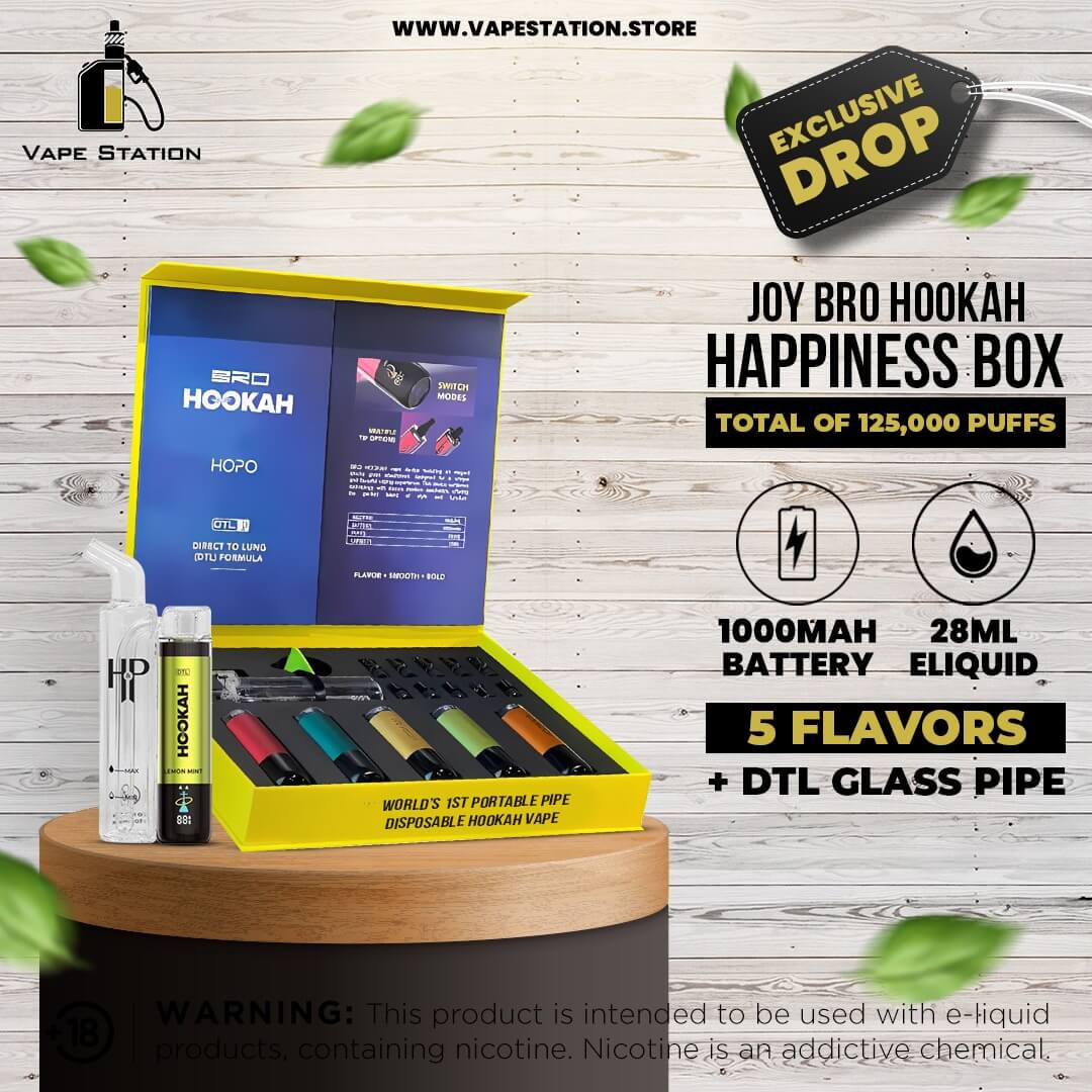 JOY BRO Hookah Happiness Box – 125,000 Puffs Disposable Vape (5 Flavors + DTL Glass Pipe)