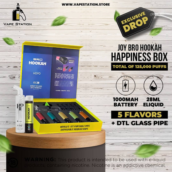 JOY BRO Hookah Happiness Box – 125,000 Puffs Disposable Vape (5 Flavors + DTL Glass Pipe)